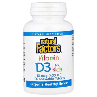 Витамин D3 Natural Factors for, вкус Strawberry, 10 мкг (400 МЕ), 100 жевательных таблеток