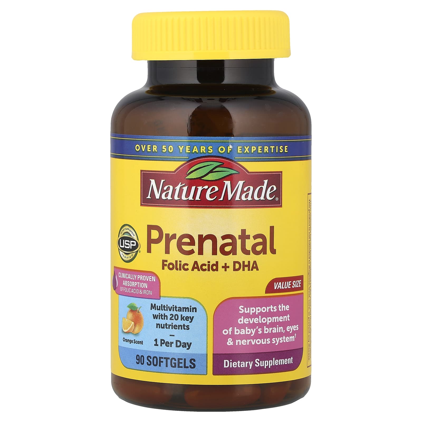 Фолиевая кислота Nature Made Prenatal DHA, вкус Orange, 90 мягких капсул