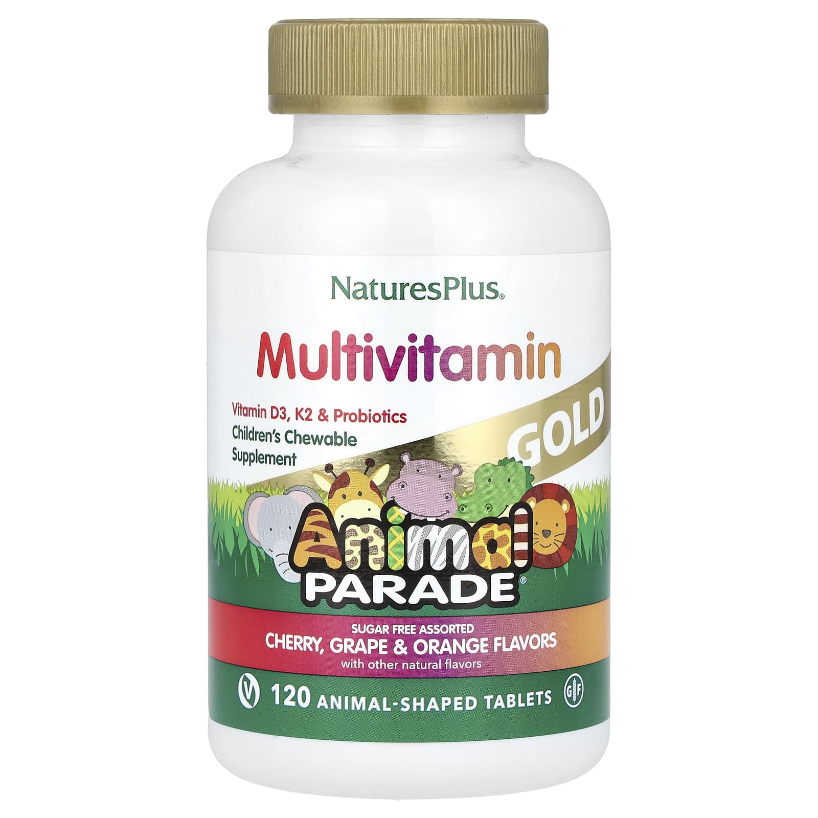 Детские жевательные мультивитамины NaturesPlus Animal Parade® Gold Cherry Grape & Orange, 120 жевательных таблеток в форме животных