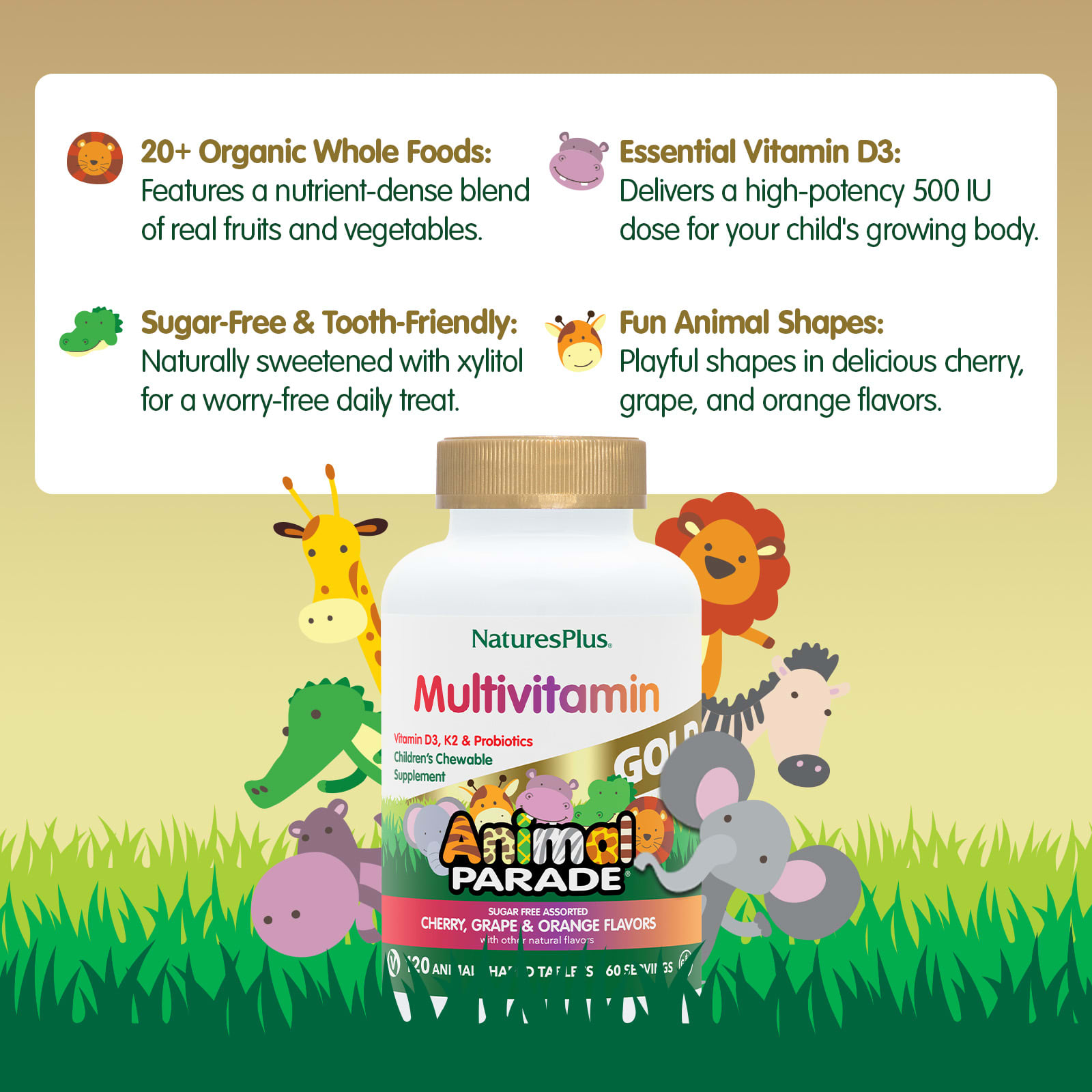 Детские жевательные мультивитамины NaturesPlus Animal Parade® Gold Cherry Grape & Orange, 120 жевательных таблеток в форме животных — фото 4