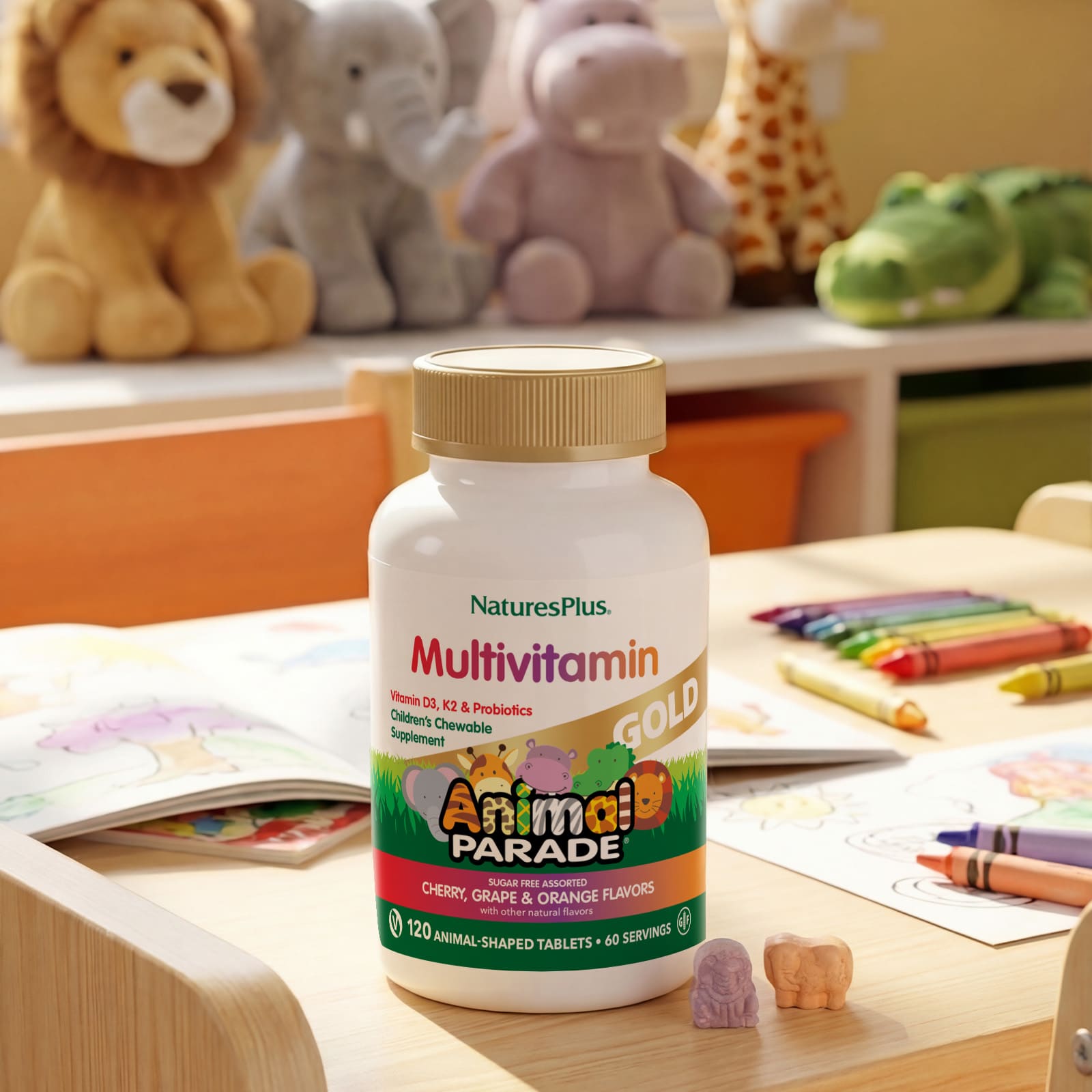 Детские жевательные мультивитамины NaturesPlus Animal Parade® Gold Cherry Grape & Orange, 120 жевательных таблеток в форме животных — фото 6