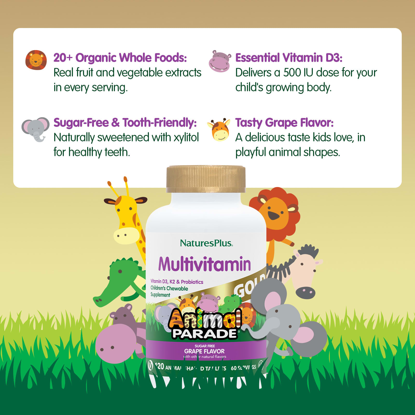 Детские жевательные мультивитамины NaturesPlus Animal Parade® Gold, вкус Grape, 120 жевательных таблеток в форме животных — фото 4