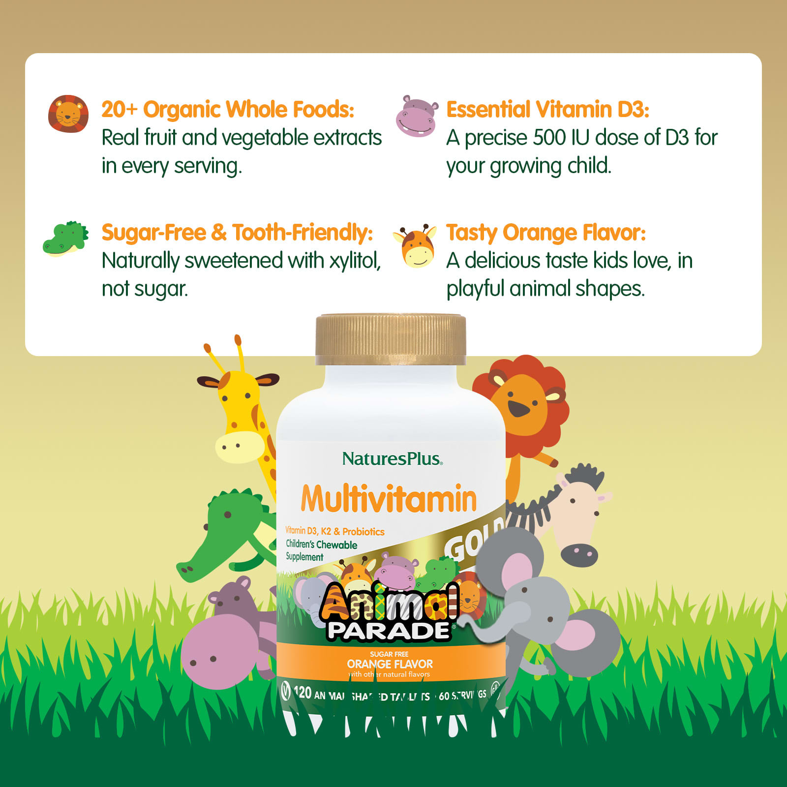Детские жевательные мультивитамины NaturesPlus Animal Parade® Gold, вкус Orange, 120 жевательных таблеток в форме животных — фото 4