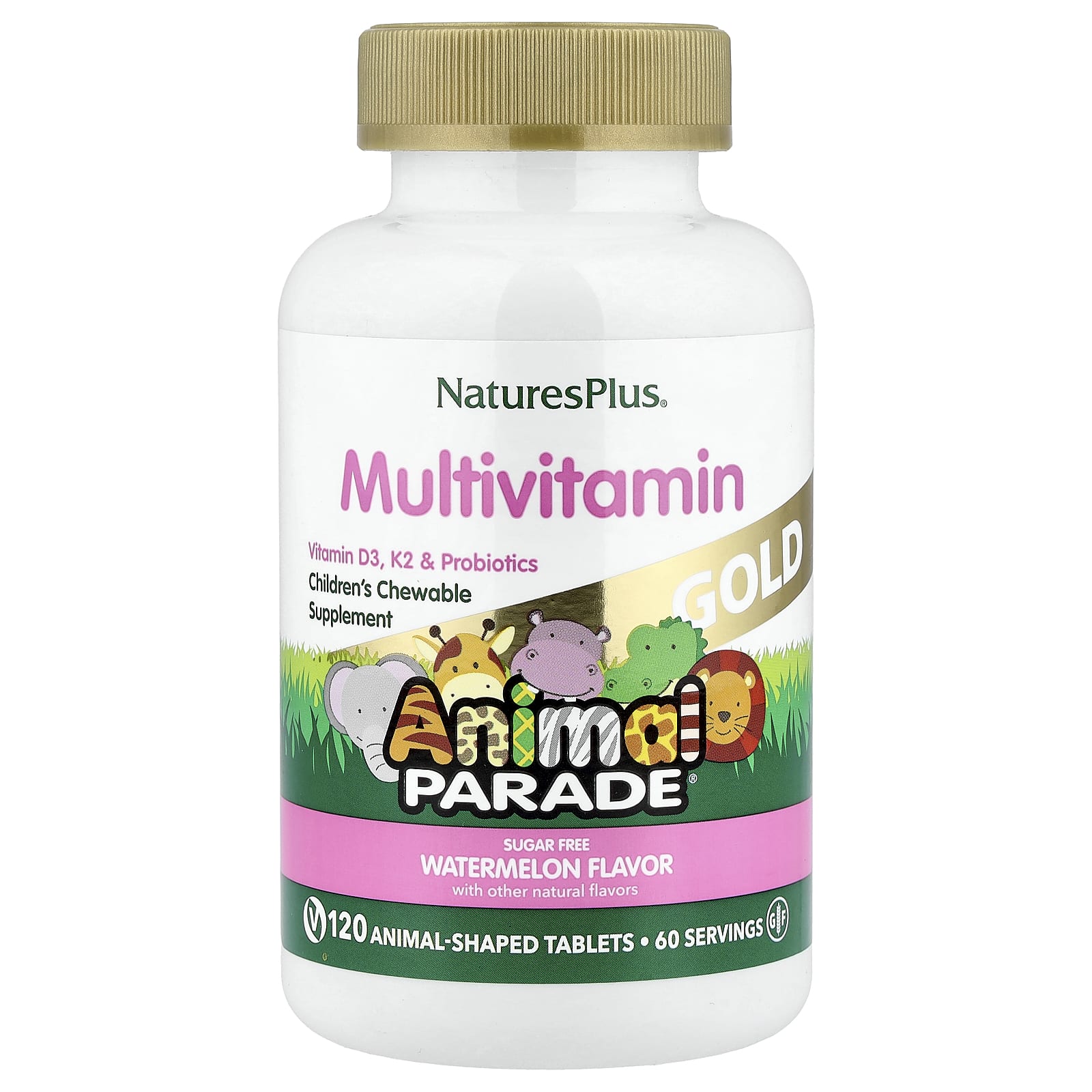 Детские жевательные мультивитамины NaturesPlus Animal Parade® Gold, оттенок Watermelon, 120 жевательных таблеток в форме животных