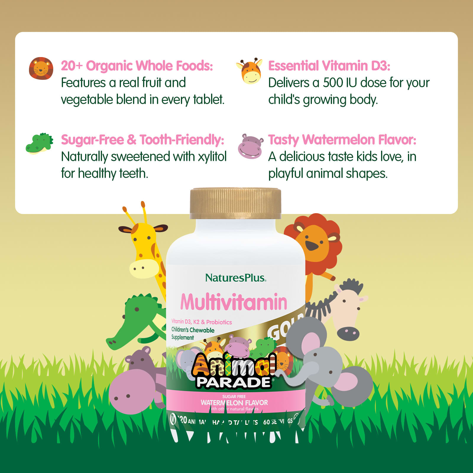 Детские жевательные мультивитамины NaturesPlus Animal Parade® Gold, оттенок Watermelon, 120 жевательных таблеток в форме животных — фото 4