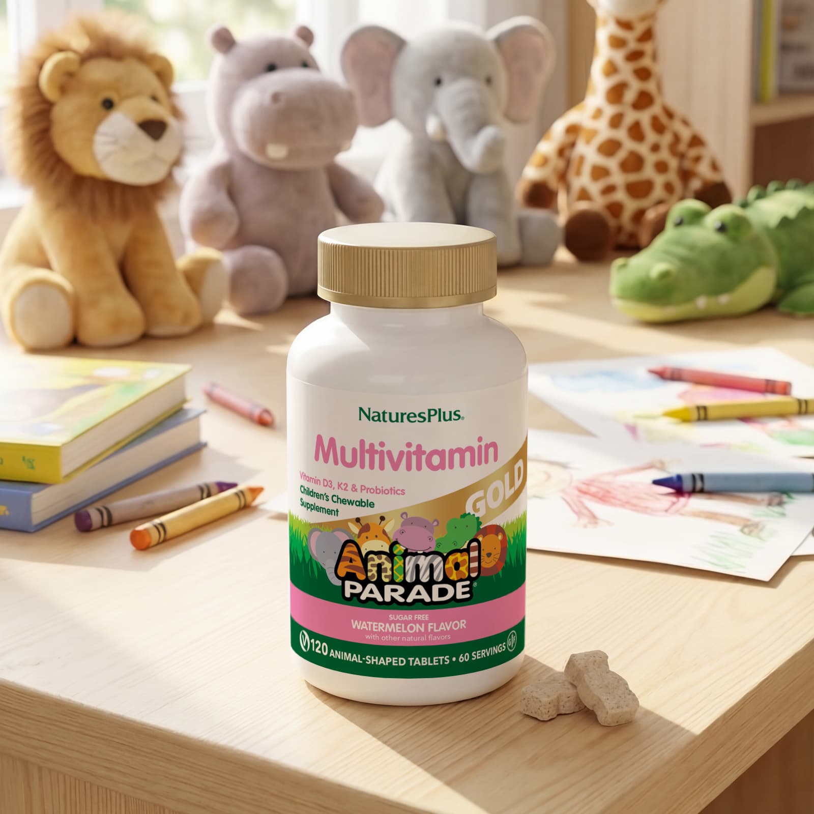 Детские жевательные мультивитамины NaturesPlus Animal Parade® Gold, оттенок Watermelon, 120 жевательных таблеток в форме животных — фото 6
