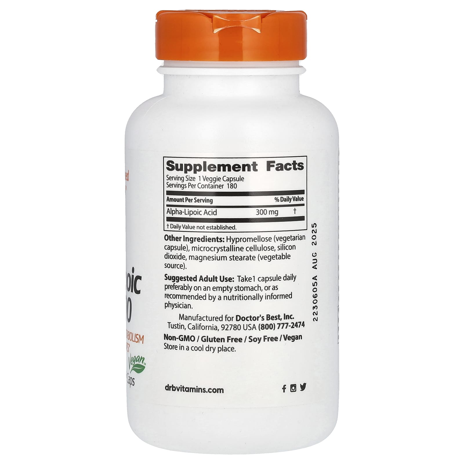 Альфа-липоевая кислота Doctor's Best Alpha-Lipoic Acid 300, 300 мг, 180 растительных капсул — фото 2