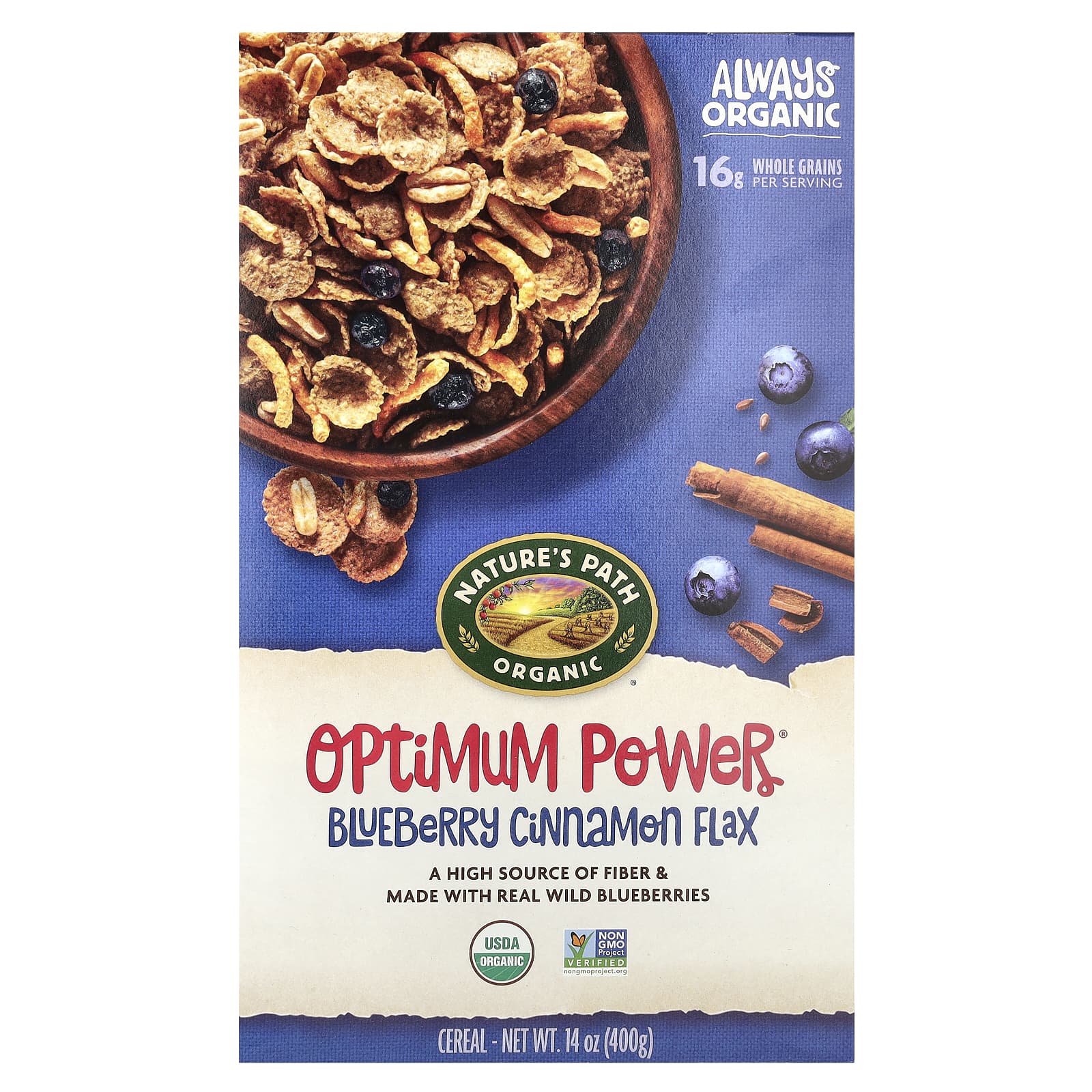 Хлопья Nature's Path Organic Optimum Power® Blueberry Cinnamon Flax, 400 г