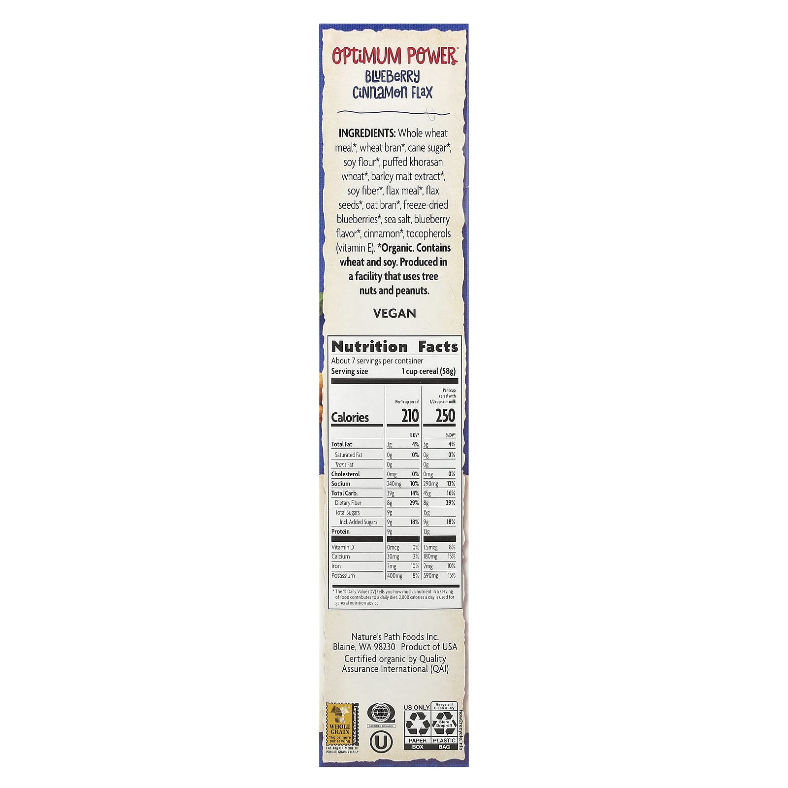 Хлопья Nature's Path Organic Optimum Power® Blueberry Cinnamon Flax, 400 г — фото 2