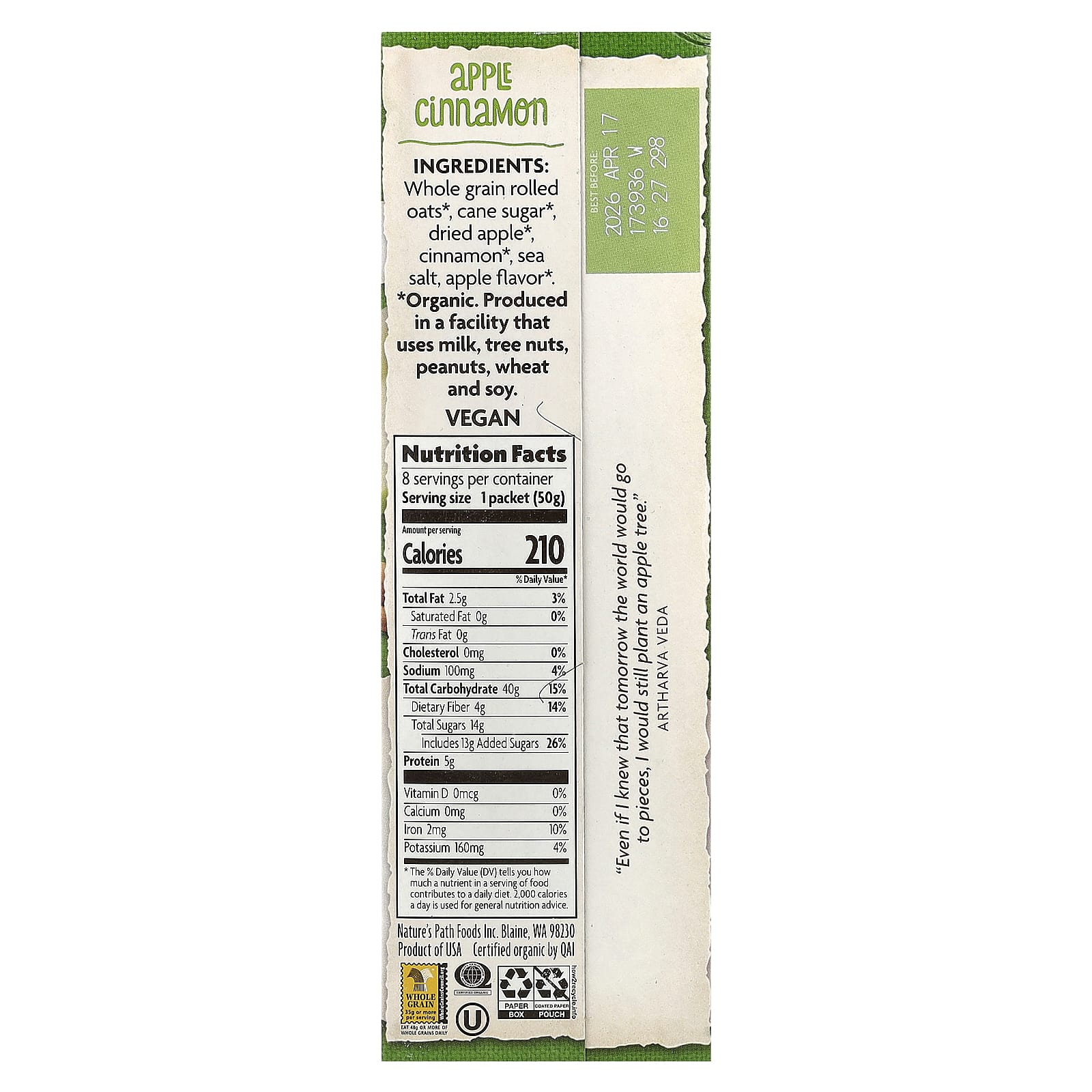 Овсянка Nature's Path Organic Instant Apple Cinnamon 8 Packets, 400 г, саше — фото 2