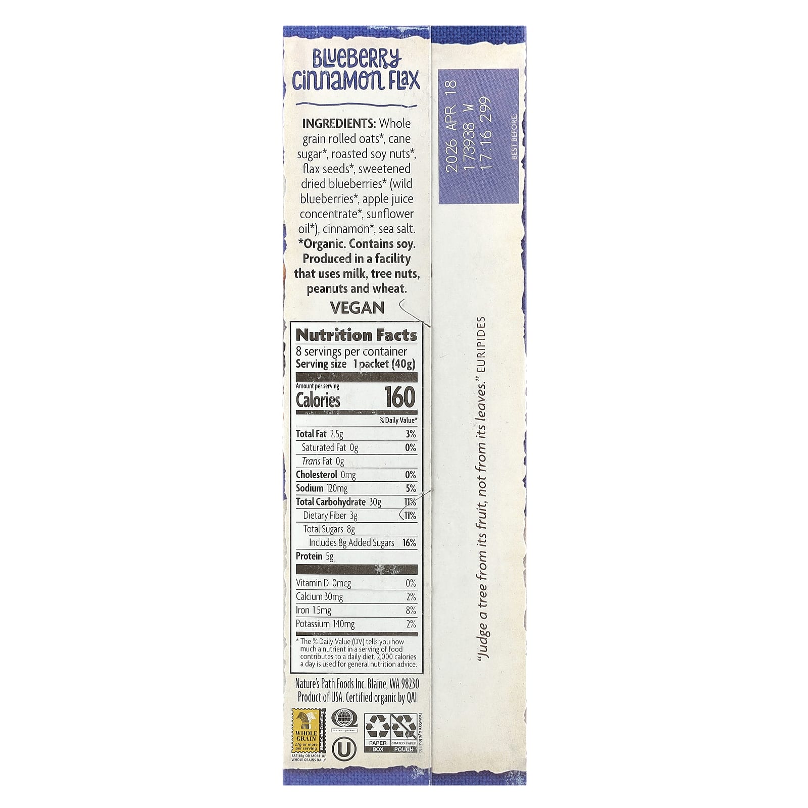 Овсянка Nature's Path Organic Instant Blueberry Cinnamon Flax 8 Packets, 320 г, саше — фото 2