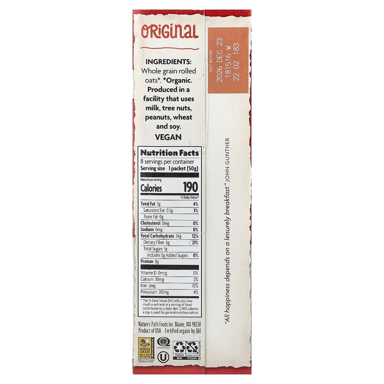 Овсянка Nature's Path Organic Instant Original 8 Packets, 400 г, саше — фото 2