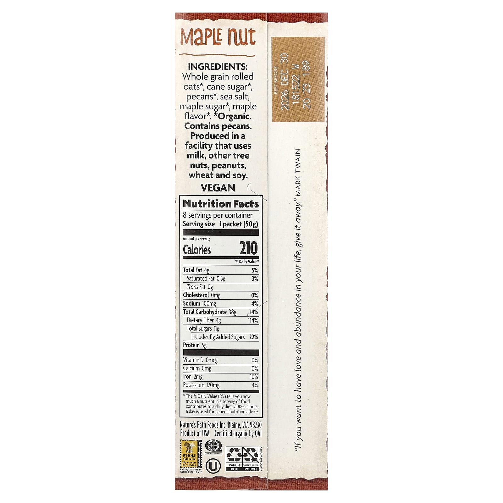 Овсянка Nature's Path Organic Instant Maple Nut 8 Packets, 400 г, саше — фото 2
