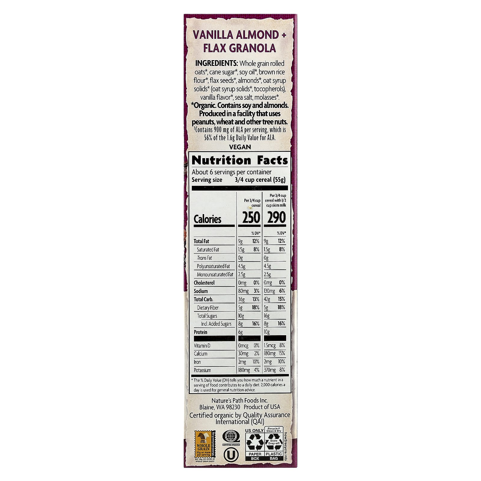 Гранола Nature's Path Organic Vanilla Almond + Flax Cereal, 325 г — фото 2