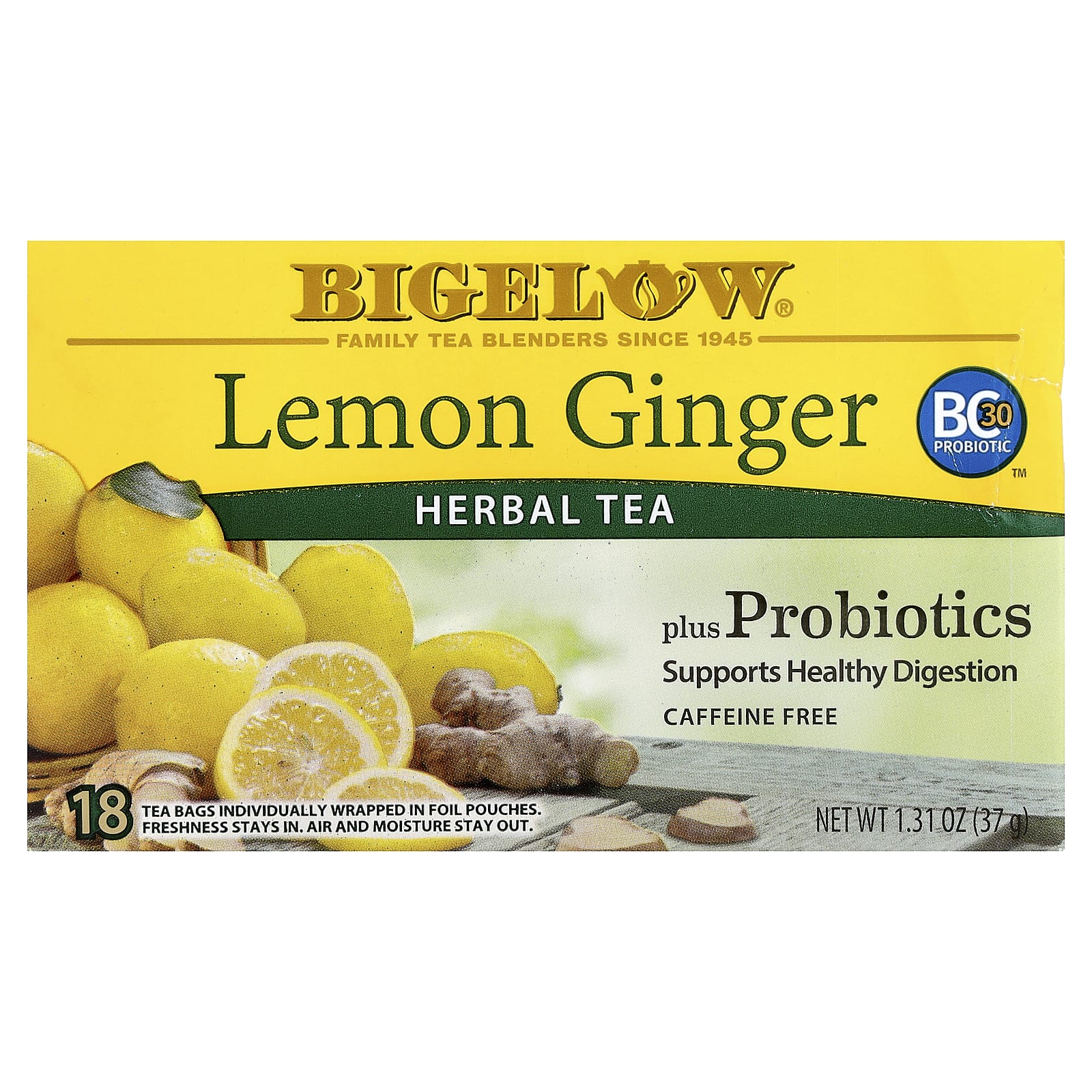 Пробиотик Bigelow Herbal Tea Plus Lemon Ginger Caffeine Free, оттенок 18 Tea Bags, 37 г, чайные пакетики — фото 2