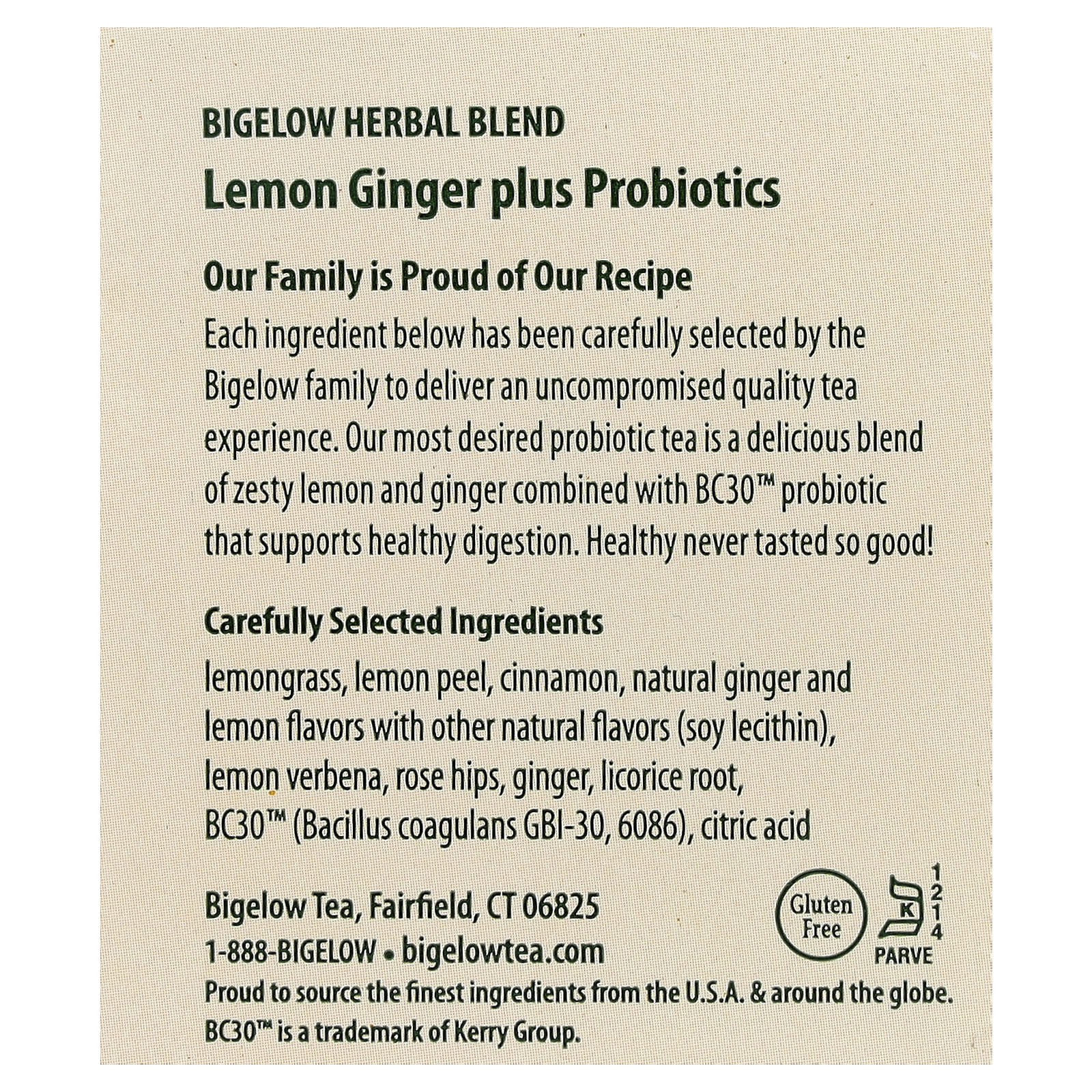 Пробиотик Bigelow Herbal Tea Plus Lemon Ginger Caffeine Free, оттенок 18 Tea Bags, 37 г, чайные пакетики — фото 3