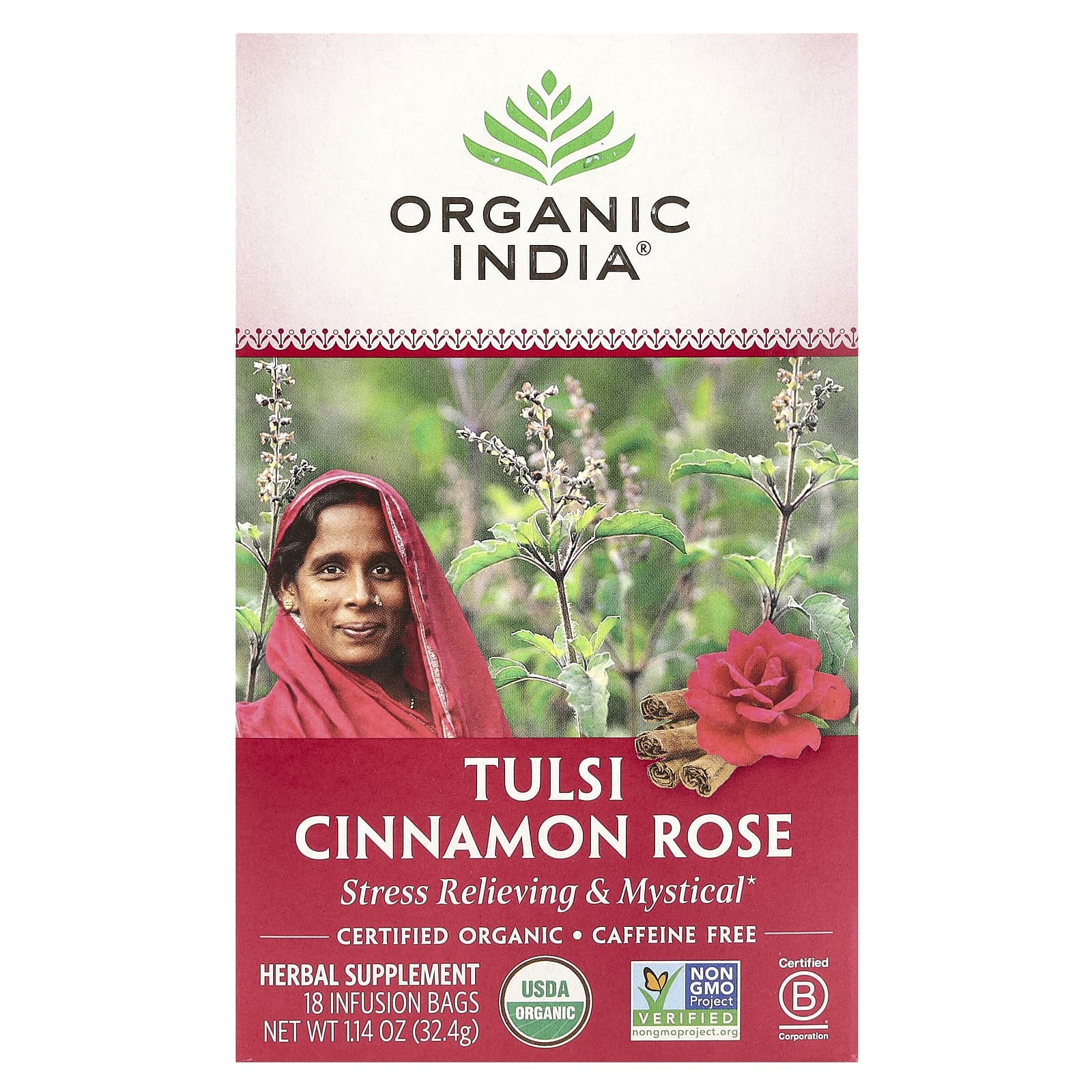 Чай Organic India Tulsi Cinnamon Rose Caffeine-Free, оттенок 18 Infusion Bags, 32.4 г — фото 2