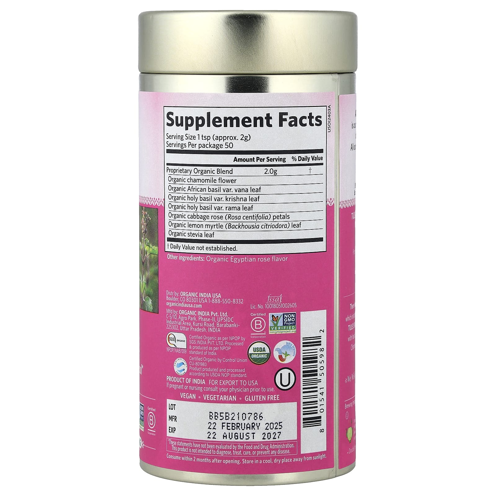 Чай Organic India Tulsi Sweet Rose Caffeine Free, 100 г — фото 2
