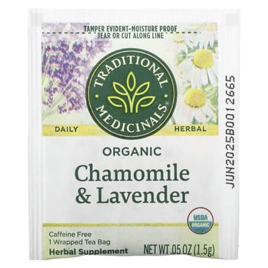 Чай Traditional Medicinals Organic Chamomile & Lavender Caffeine Free, оттенок 16 Wrapped Tea Bags, 24 г, чайные пакетики