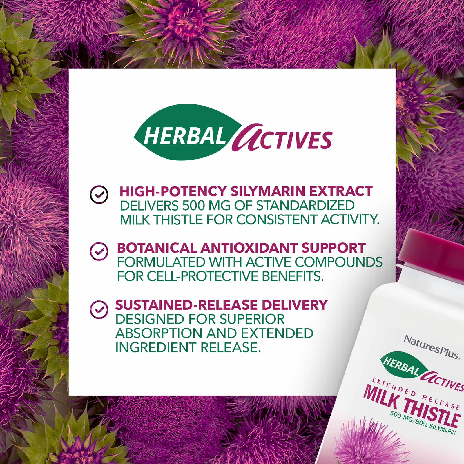 Расторопша NaturesPlus Herbal Actives Extended Release, 500 мг, 30 таблеток — фото 3