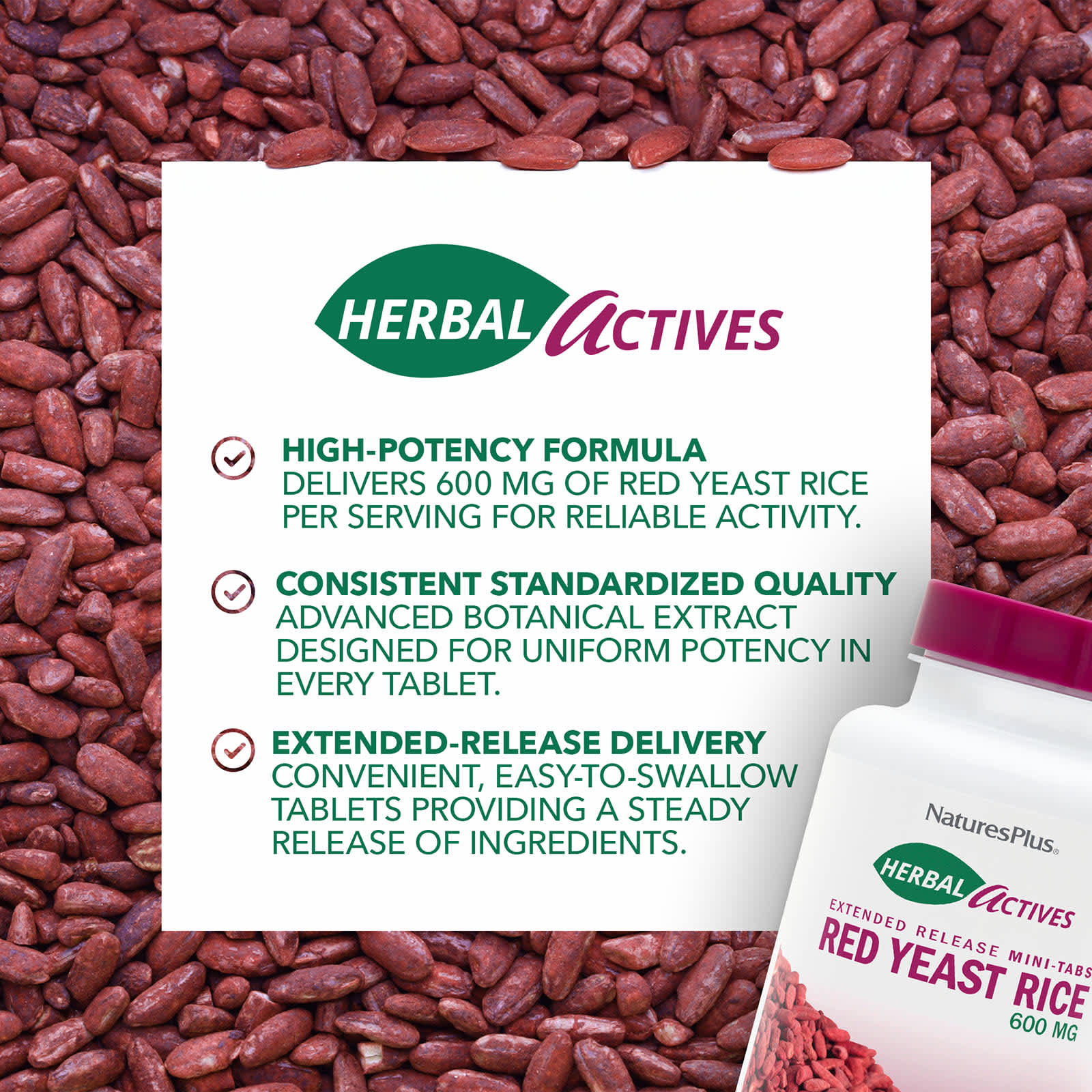 Рис NaturesPlus Herbal Actives Red Yeast, 300 мг — фото 3