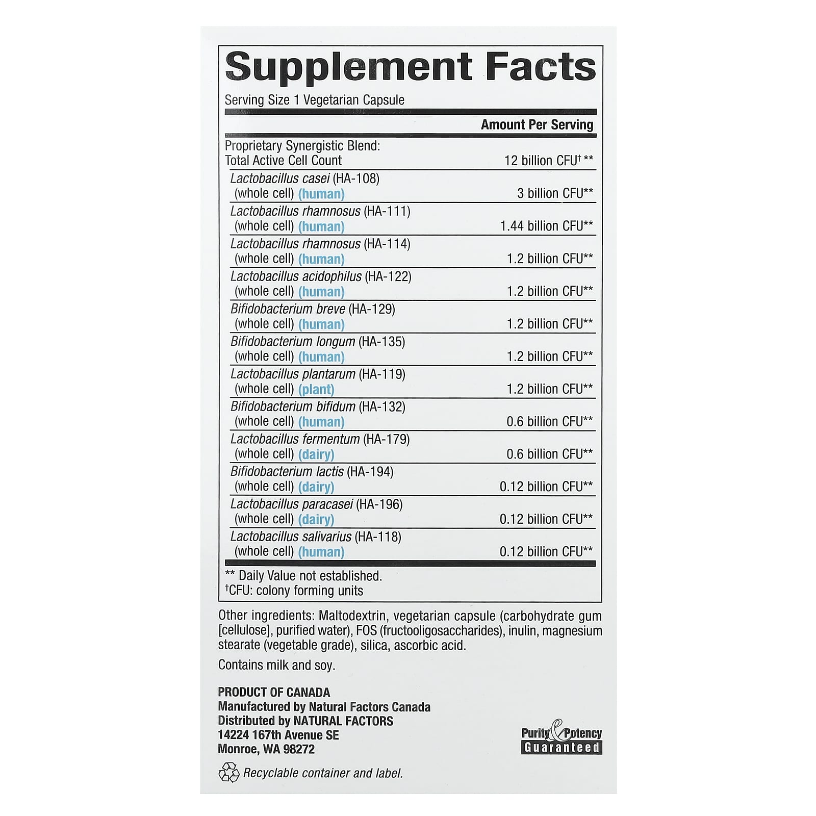Пробиотик Natural Factors Ultimate 12 Billion CFU, оттенок 12/12 Formula, 120 растительных капсул — фото 3