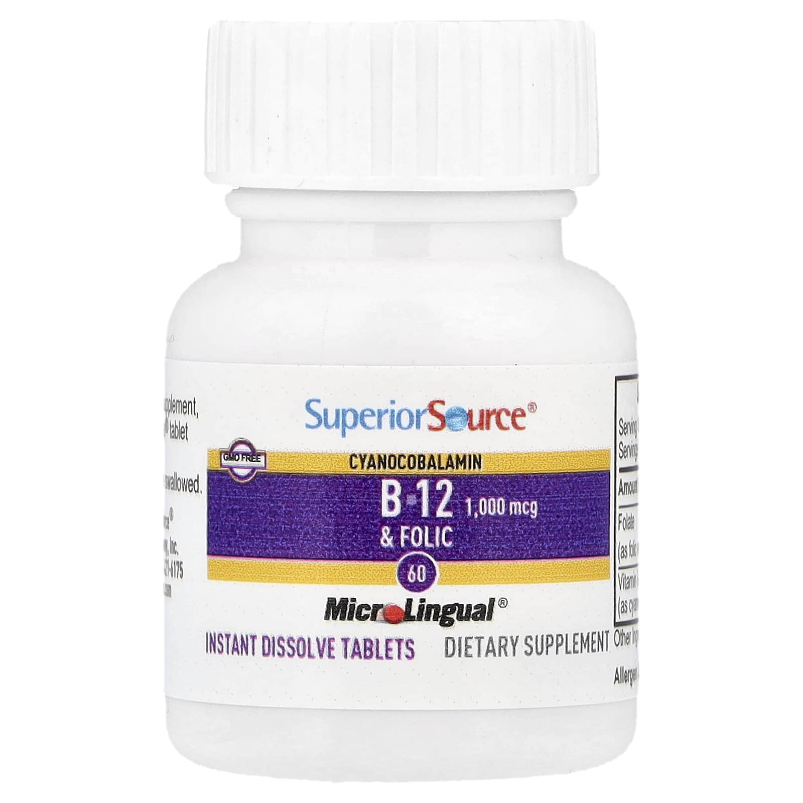 Цианокобаламин B12 Superior Source & Folic Acid, 60 быстрорастворимых таблеток MicroLingual