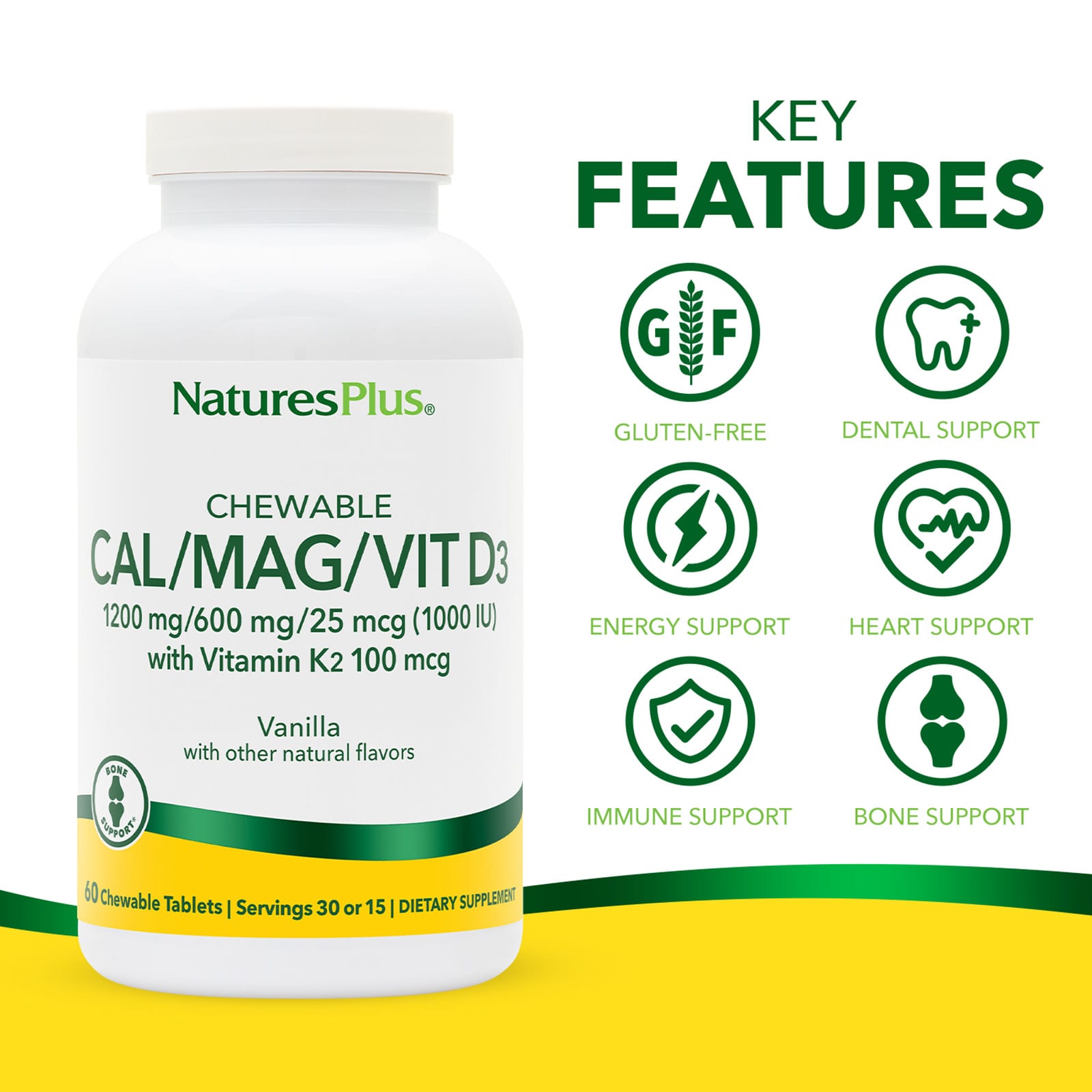 Витамин D3 NaturesPlus Chewable Cal/Mag/Vit with Vitamin K2, вкус Vanilla, 60 жевательных таблеток — фото 3