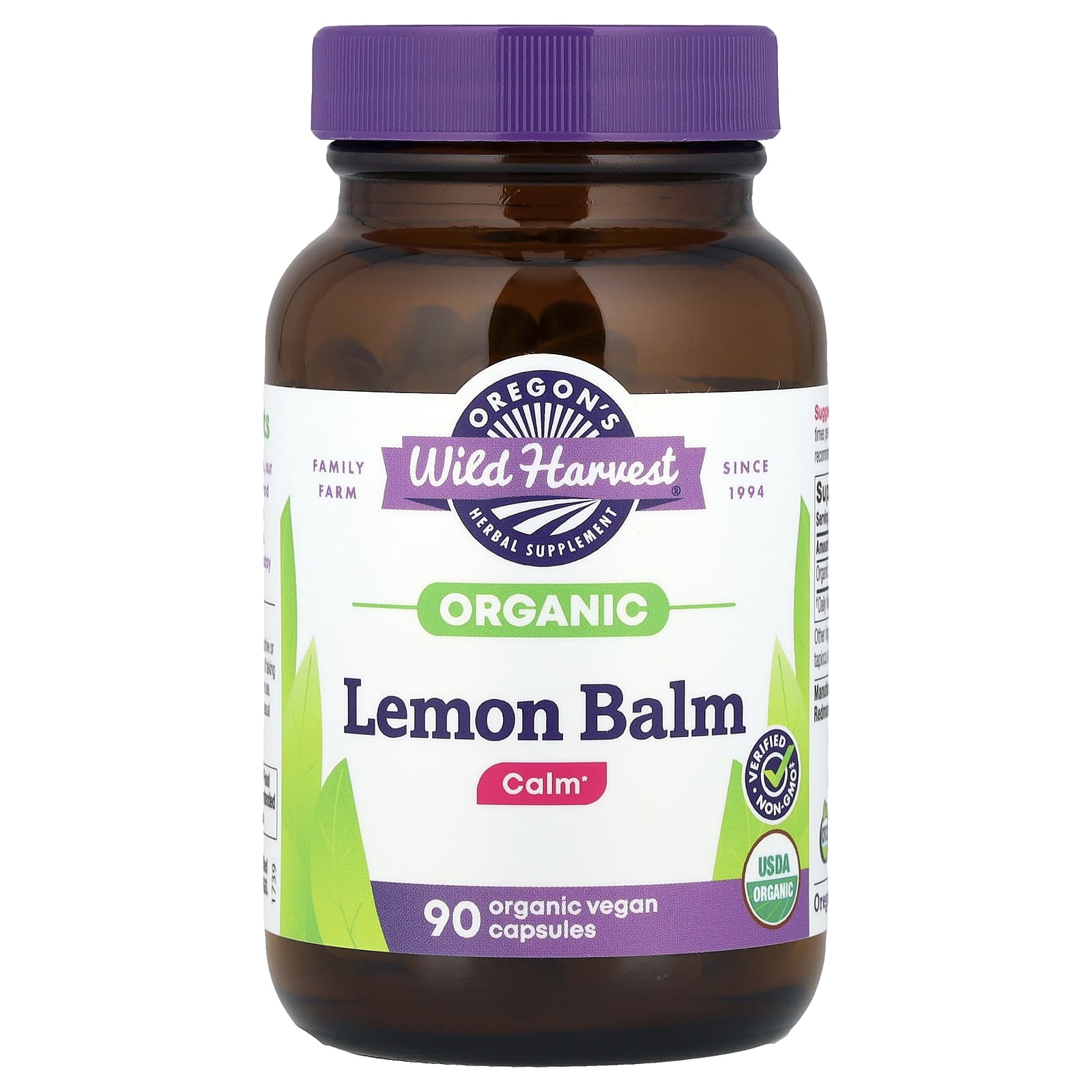 Мелисса Oregon's Wild Harvest, вкус Organic Lemon Balm, 375 мг, 90 растительных капсул