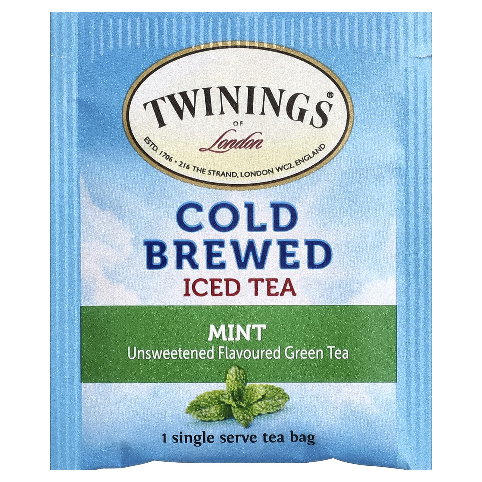 Чай Twinings Cold Brewed Iced Green Mint Unsweetened, оттенок 20 Single Serve Tea Bags, 40 г, чайные пакетики