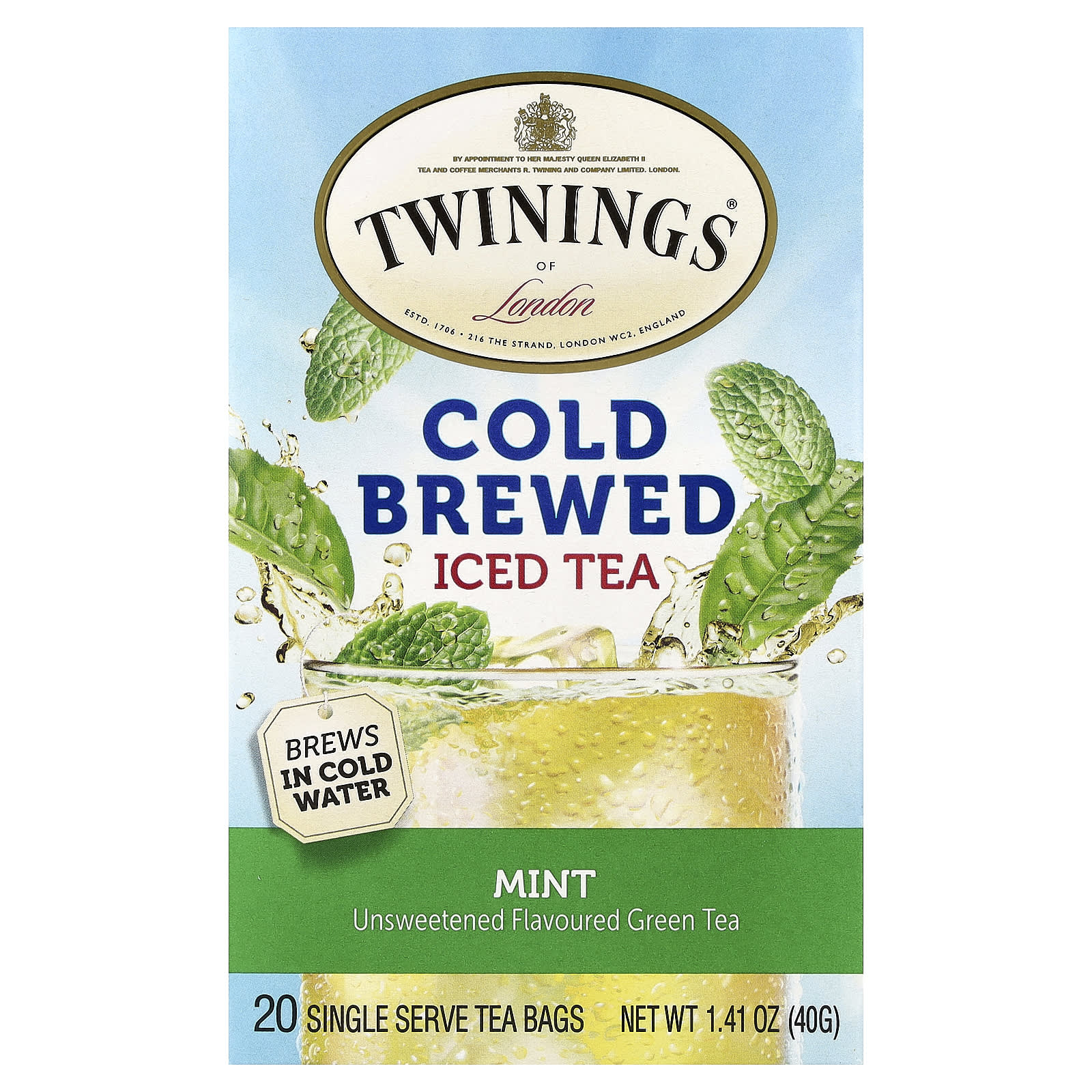 Чай Twinings Cold Brewed Iced Green Mint Unsweetened, оттенок 20 Single Serve Tea Bags, 40 г, чайные пакетики — фото 3