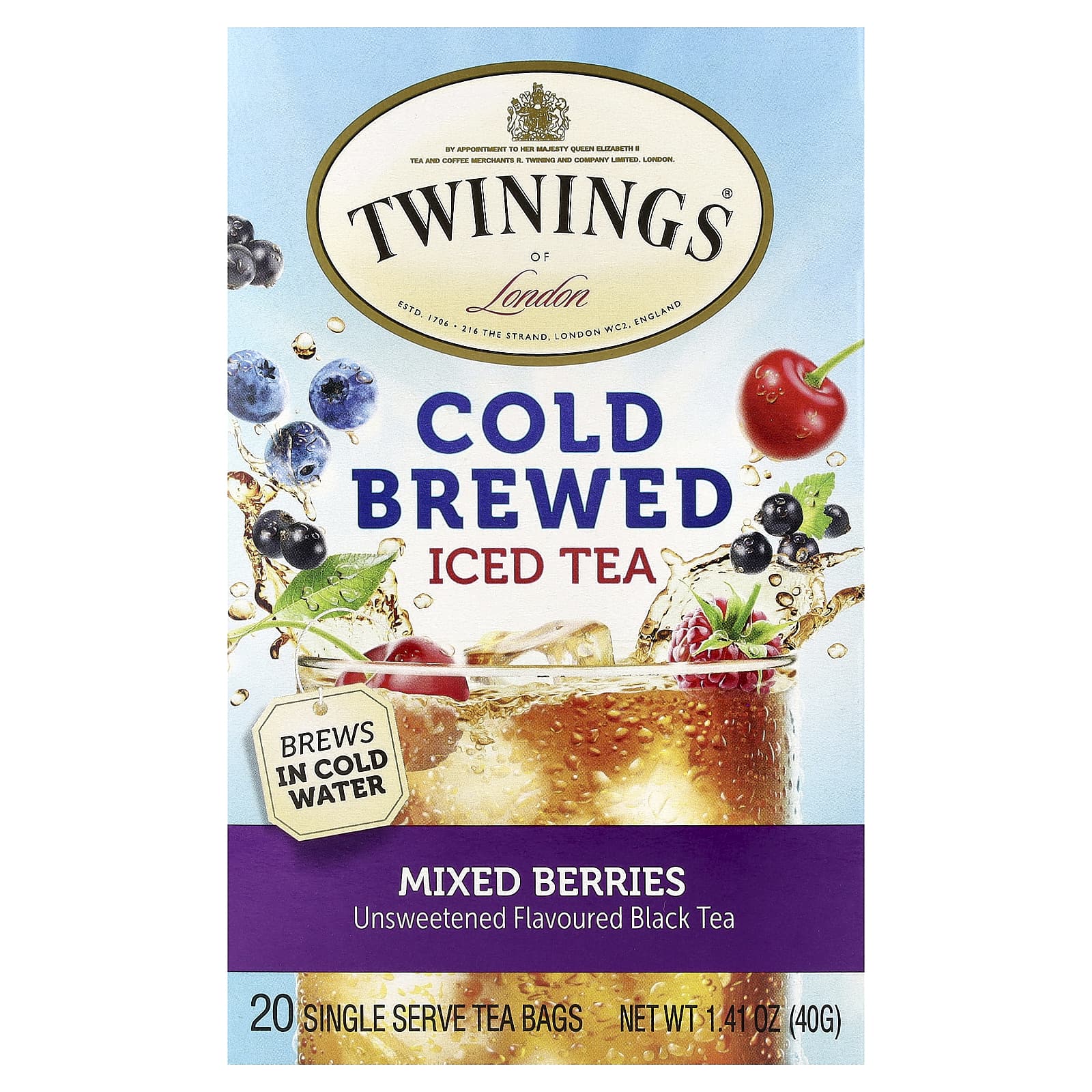 Чай Twinings Cold Brewed Iced Black Mixed Berries Unsweetened, оттенок 20 Single Serve Tea Bags, 40 г, чайные пакетики — фото 3