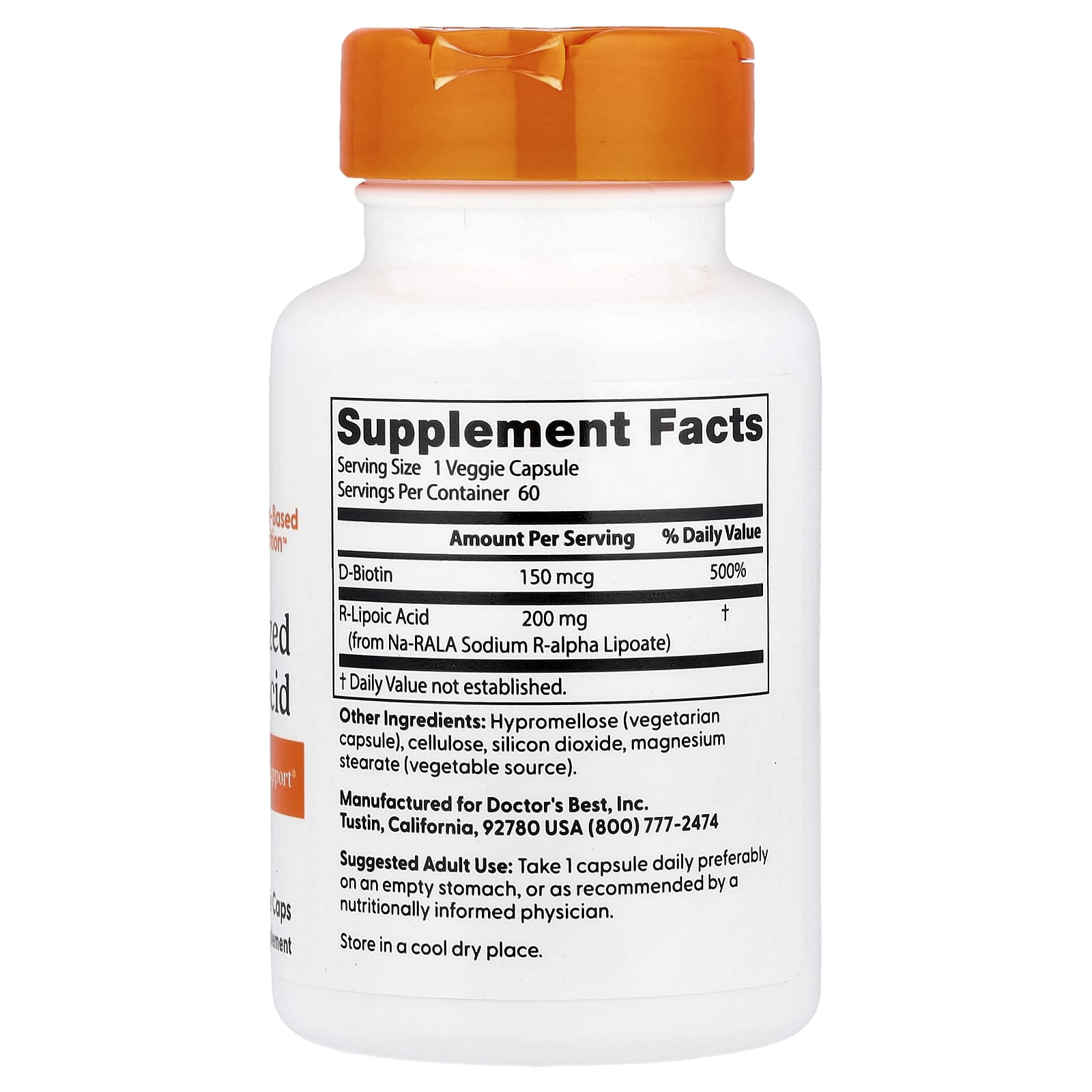 R-липоевая кислота Doctor's Best Stabilized R-Lipoic Acid, 200 мг, 60 растительных капсул — фото 2