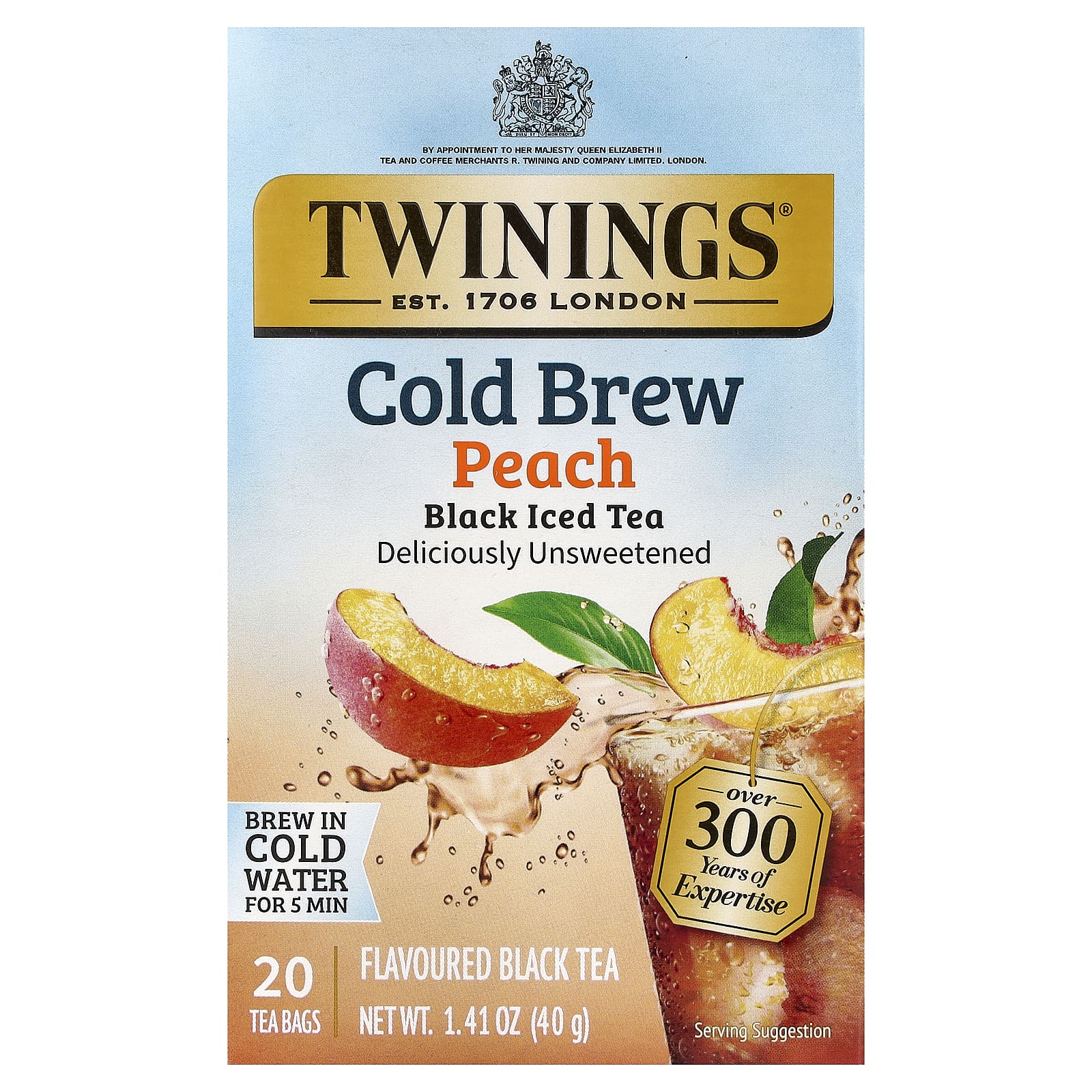 Чай Twinings Cold Brewed Iced Black Peach Unsweetened, оттенок 20 Tea Bags, 40 г, чайные пакетики — фото 3