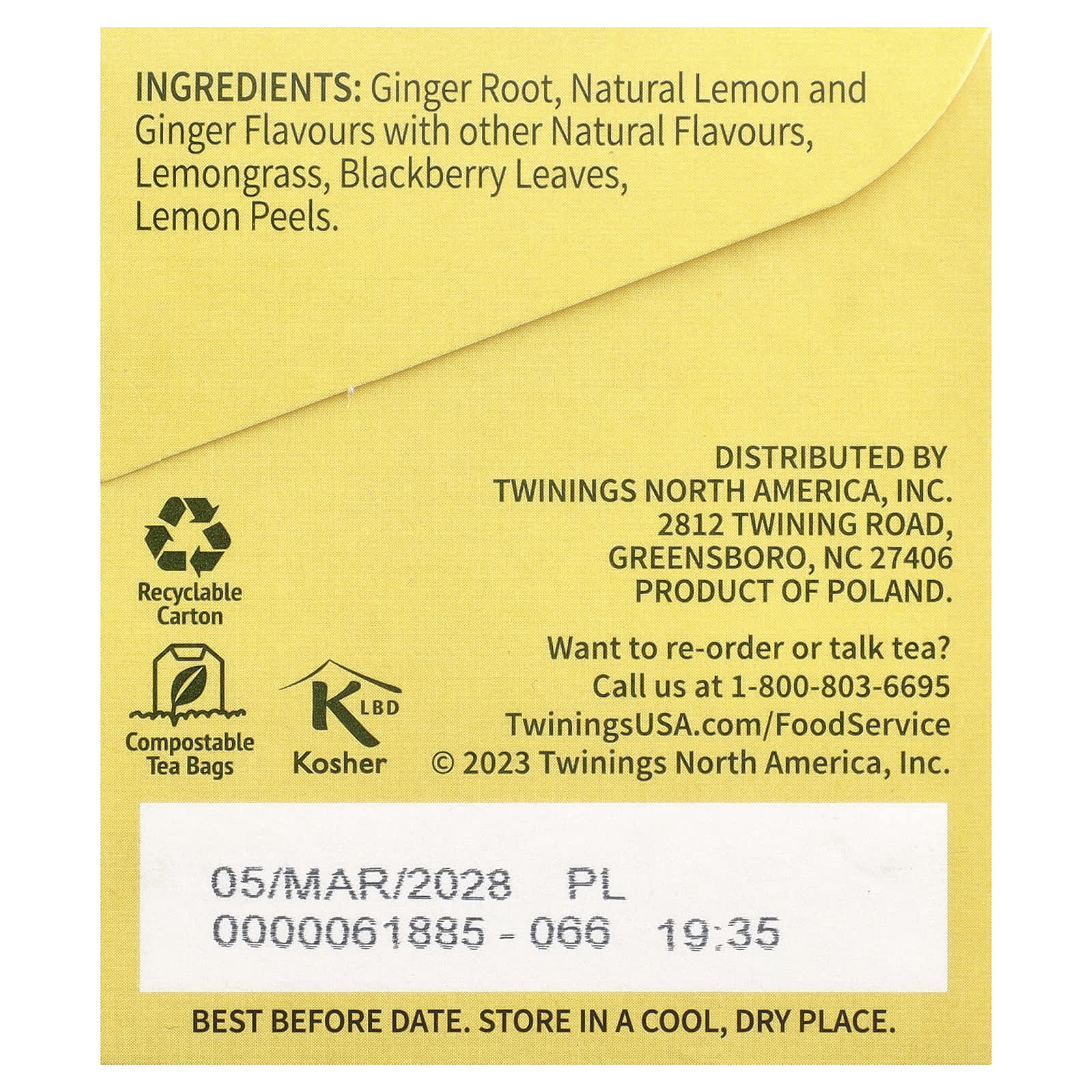 Имбирь Twinings Flavored Herbal Tea Lemon & Caffeine Free, оттенок 25 Tea Bags, 37.5 г, чайные пакетики — фото 2