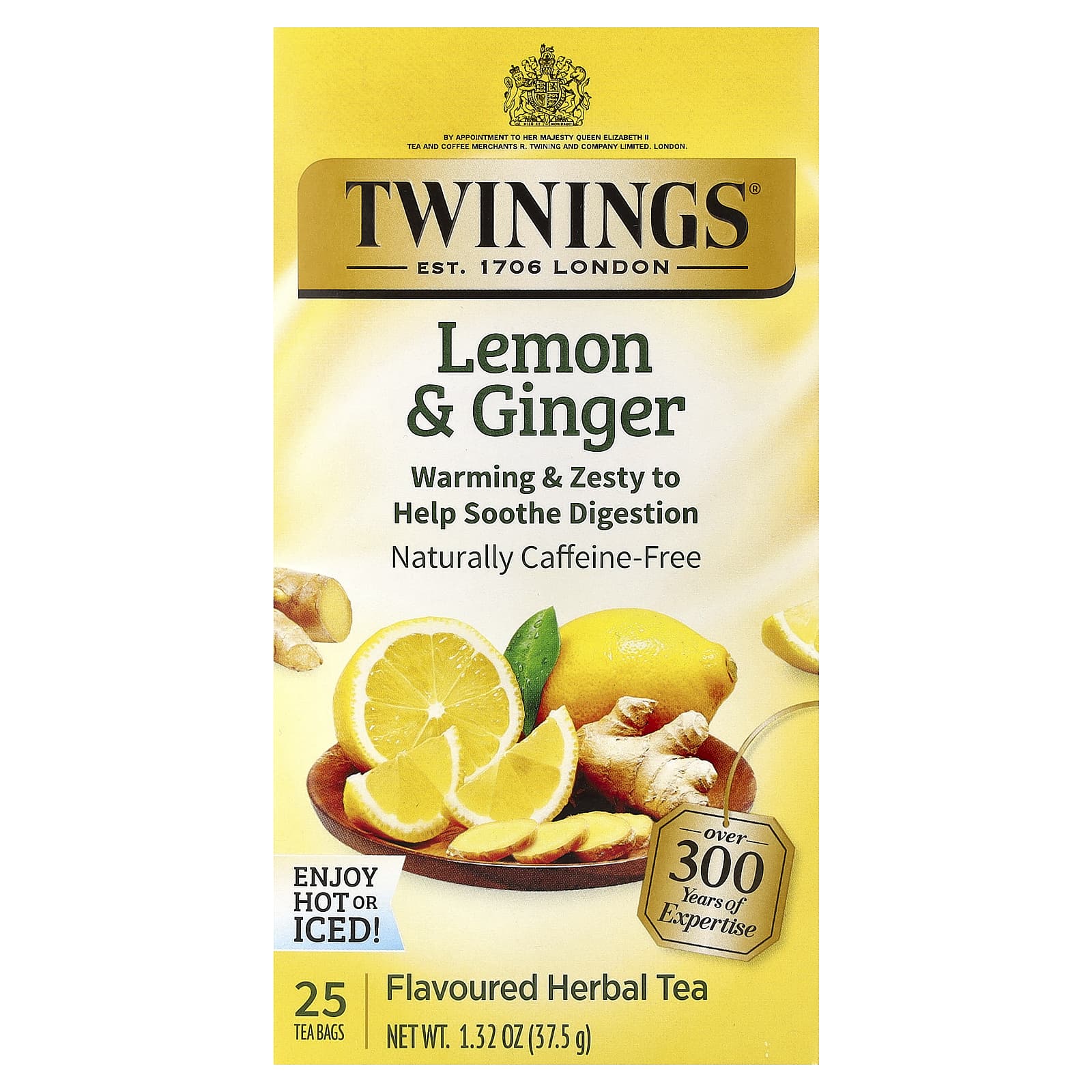 Имбирь Twinings Flavored Herbal Tea Lemon & Caffeine Free, оттенок 25 Tea Bags, 37.5 г, чайные пакетики — фото 3