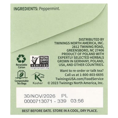 Чай Twinings Pure Herbal Pure Peppermint Caffeine Free, оттенок 25 Tea Bags, 50 г, чайные пакетики