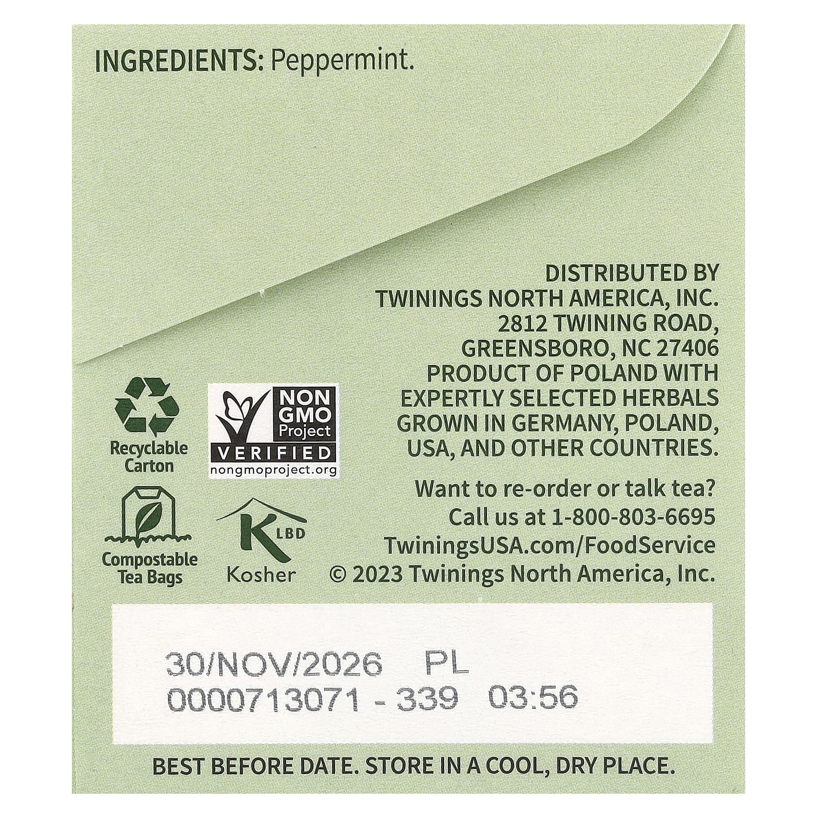Чай Twinings Pure Herbal Pure Peppermint Caffeine Free, оттенок 25 Tea Bags, 50 г, чайные пакетики