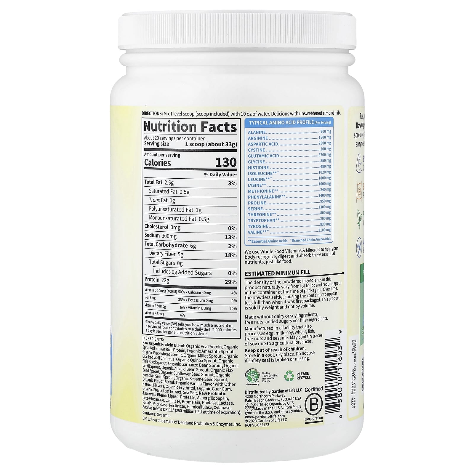 Протеин Garden of Life RAW Organic, вкус Vanilla, 660 г, 1 lb — фото 2