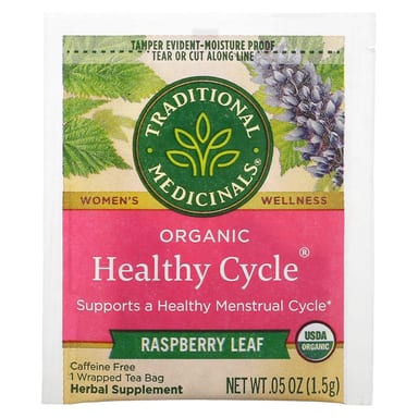 Чай Traditional Medicinals Organic Healthy Cycle® Raspberry Leaf Caffeine Free, оттенок 16 Wrapped Tea Bags, 24 г, чайные пакетики