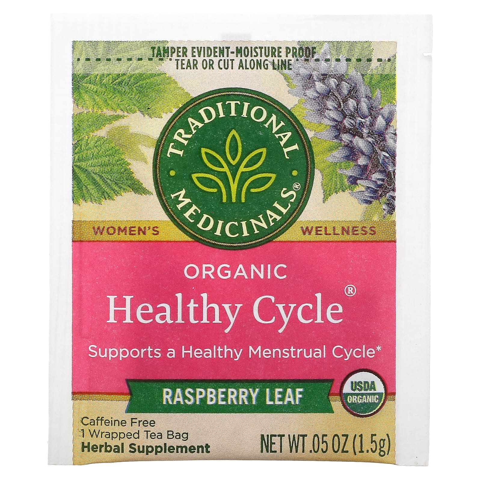 Чай Traditional Medicinals Organic Healthy Cycle® Raspberry Leaf Caffeine Free, оттенок 16 Wrapped Tea Bags, 24 г, чайные пакетики