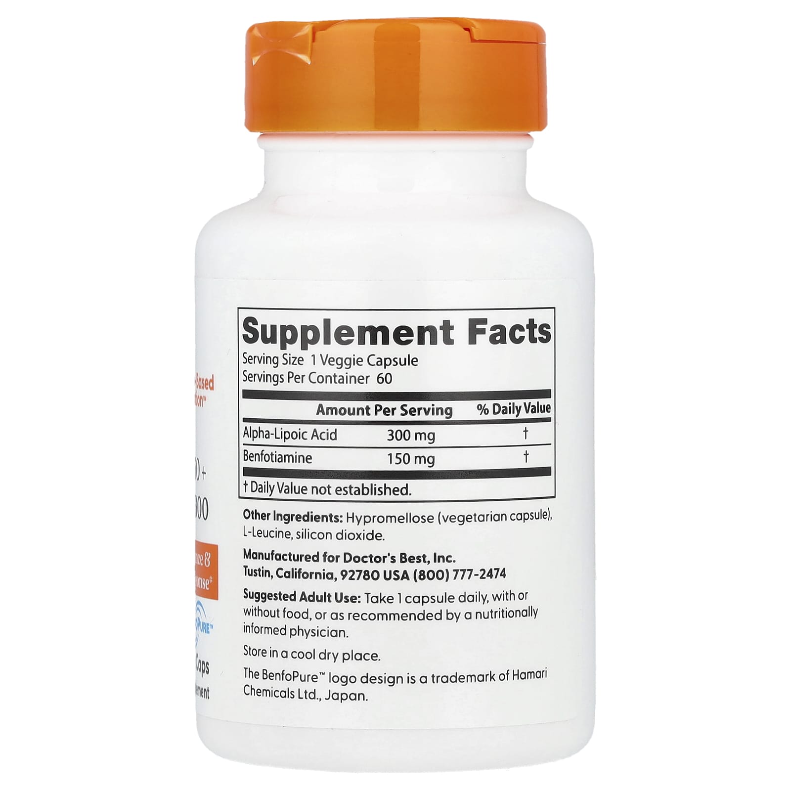 Альфа-липоевая кислота Doctor's Best Benfotiamine 150 + Alpha-Lipoic Acid 300, 60 растительных капсул — фото 2
