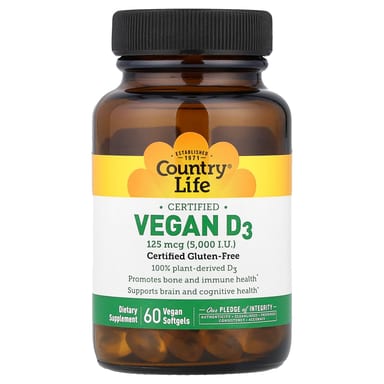 Витамин D3 Country Life Certified Vegan 60 Vegan, 125 мкг (5000 МЕ), мягкие капсулы