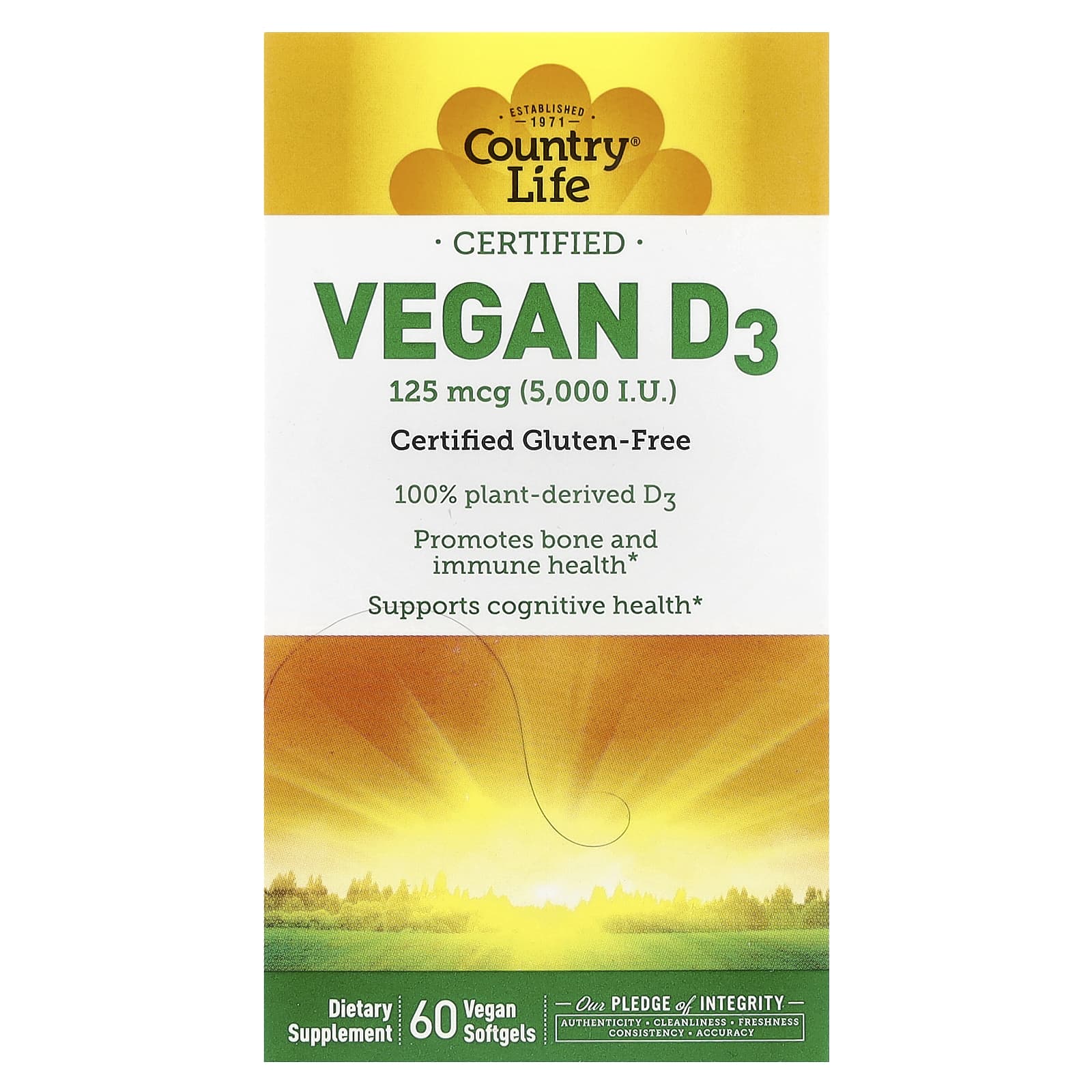 Витамин D3 Country Life Certified Vegan 60 Vegan, 125 мкг (5000 МЕ), мягкие капсулы — фото 2