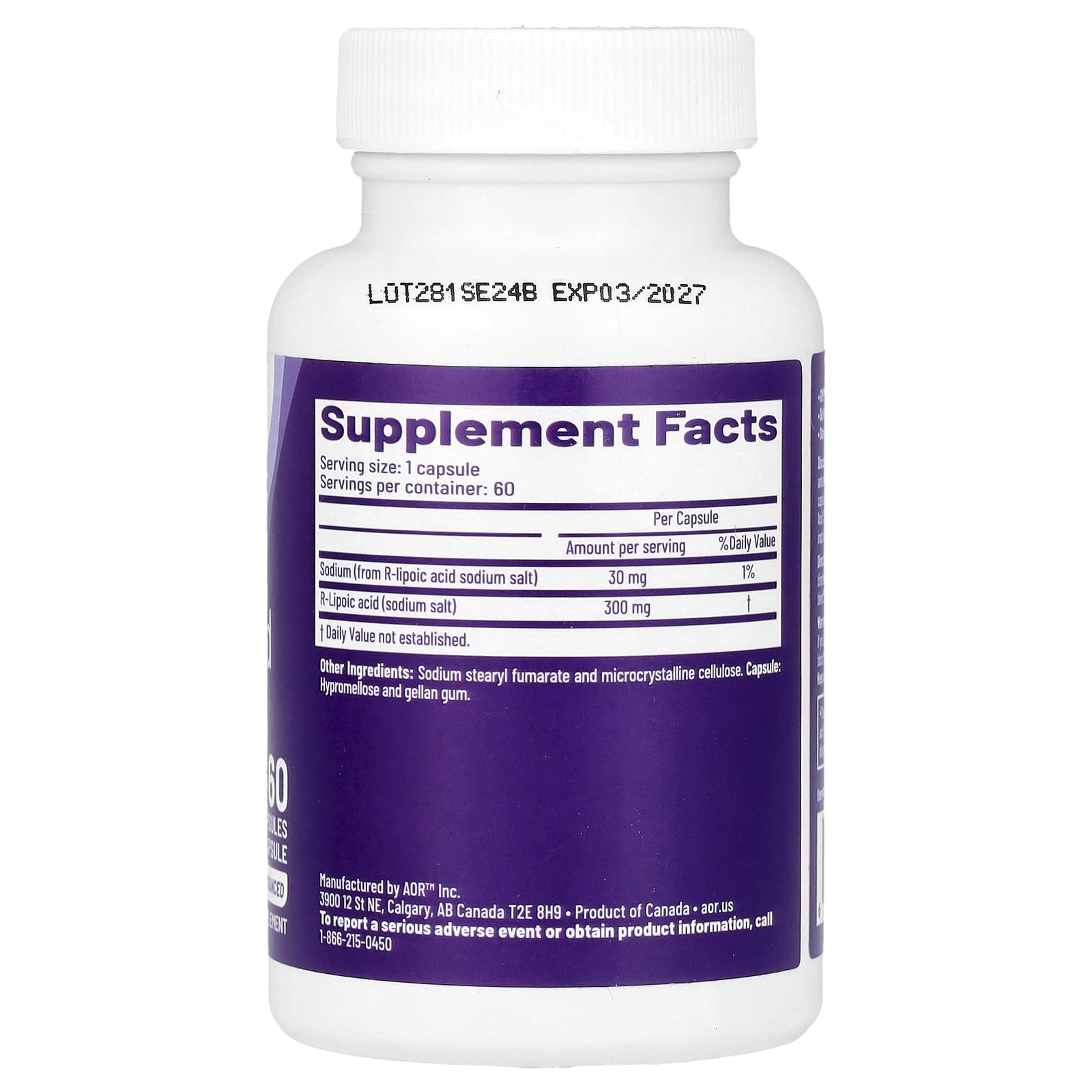 R-липоевая кислота Advanced Orthomolecular Research AOR R-Lipoic Acid, 300 мг, 60 капсул — фото 2