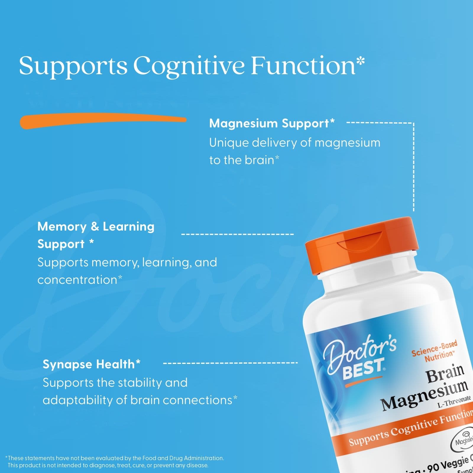 Магний Doctor's Best Brain with Magtein®, 50 мг, 90 растительных капсул — фото 5