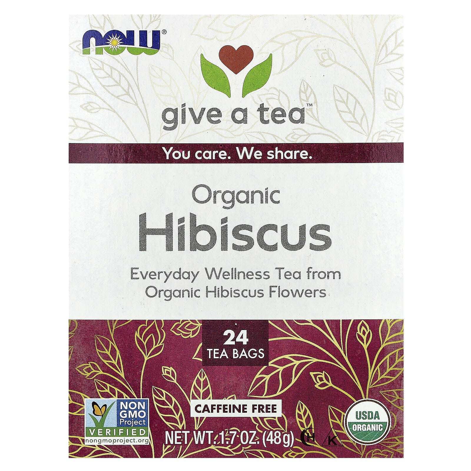 Чай NOW Foods Organic Hibiscus Caffeine Free, оттенок 24 Tea Bags, 48 г, чайные пакетики — фото 2