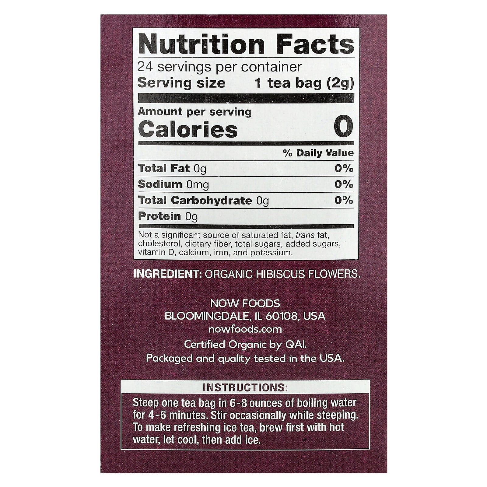 Чай NOW Foods Organic Hibiscus Caffeine Free, оттенок 24 Tea Bags, 48 г, чайные пакетики — фото 3