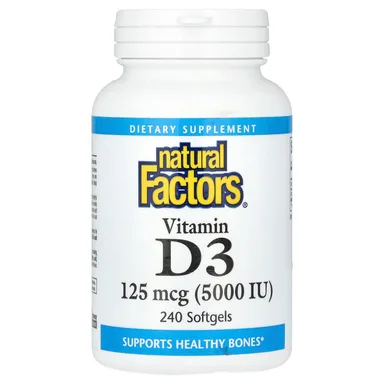Фото товара: Витамин D3 Natural Factors, 125 мкг (5000 МЕ), 240 мягких капсул