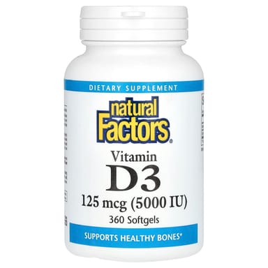 Витамин D3 Natural Factors, 125 мкг (5000 МЕ), 360 мягких капсул